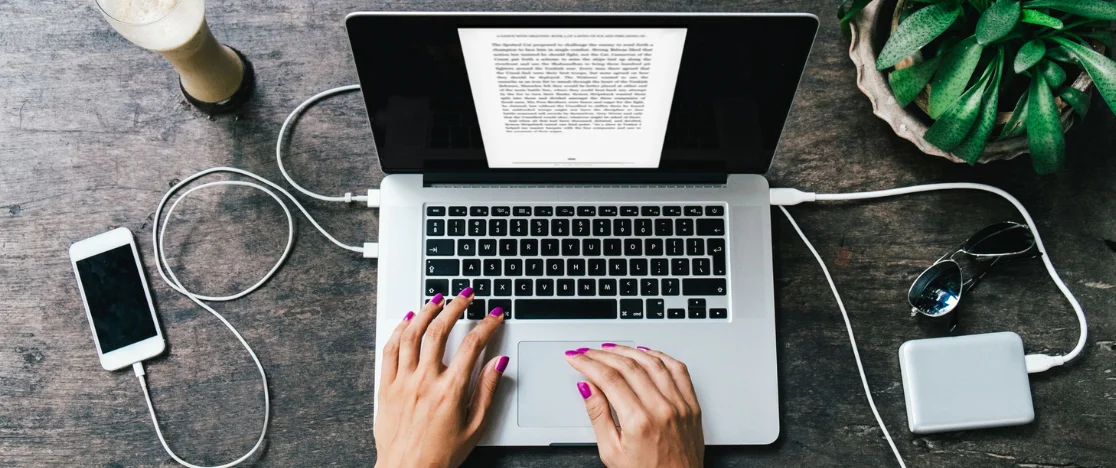 The professional content writer types the content on her laptop for article publication.