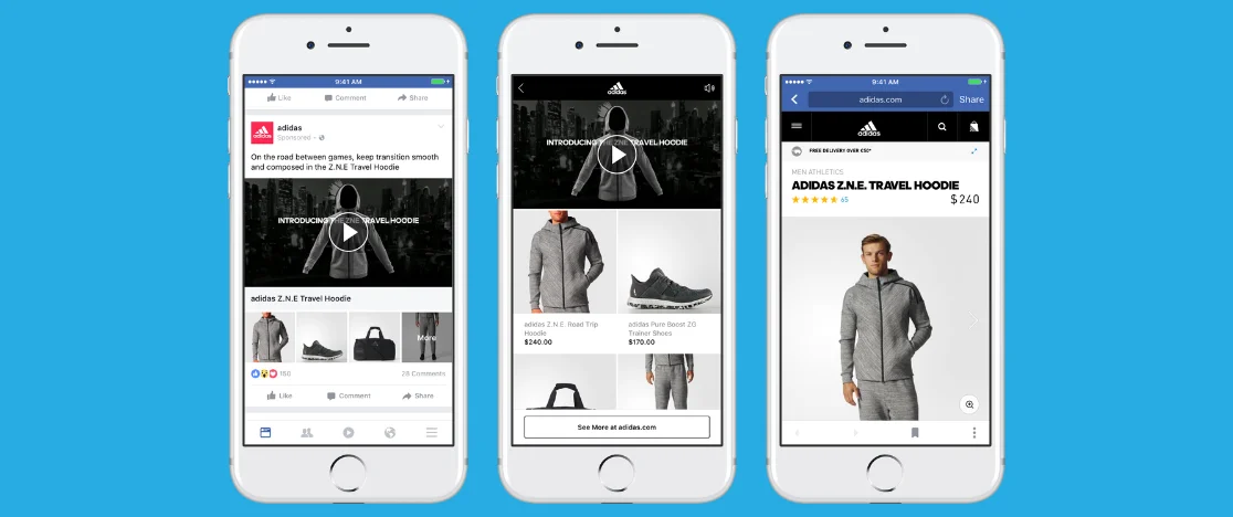 Facebook product advertisements are displayed on three smartphones that have the Facebook app open.