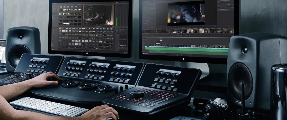 A man working on video editing in two desktop computers that had speakers and audio mixers.